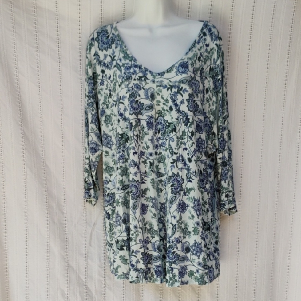Willi Smith Blue Floral Long Sleeve Tunic